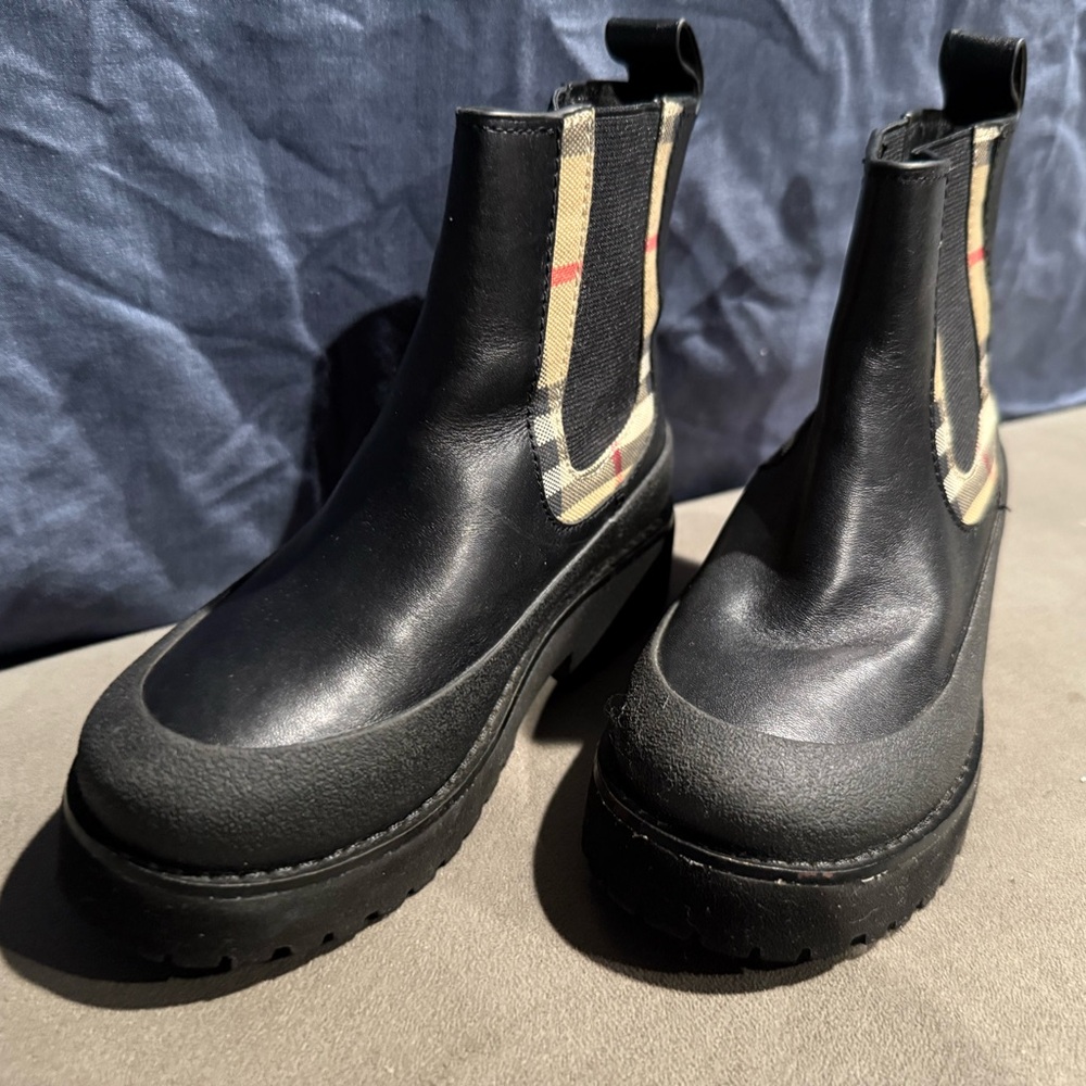 Kids Burberry Black Boots with Tan Accents